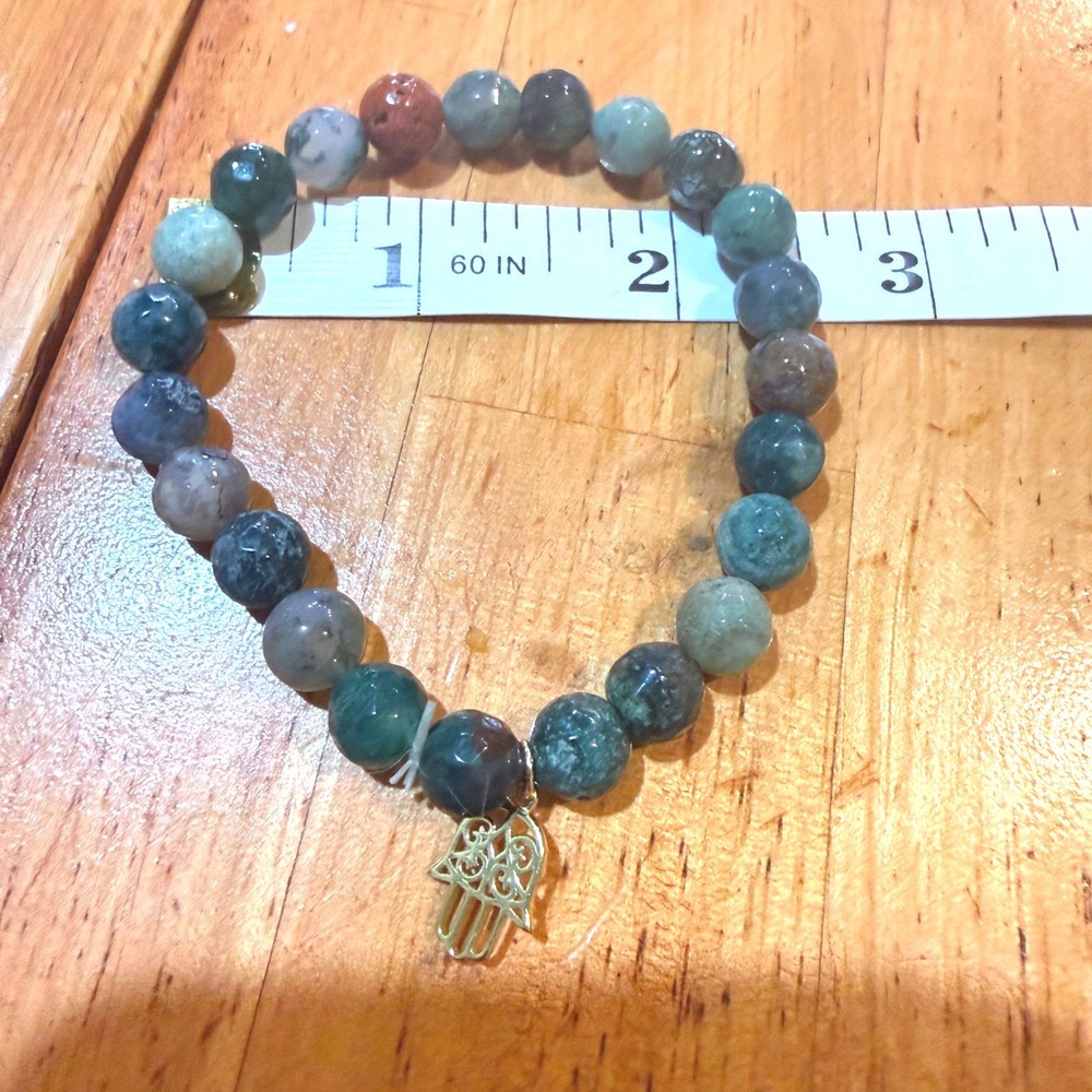 Natural Stone Beaded Stretch Bracelet Gold Hamsa Hand Charm Multicolor 8mm Beads